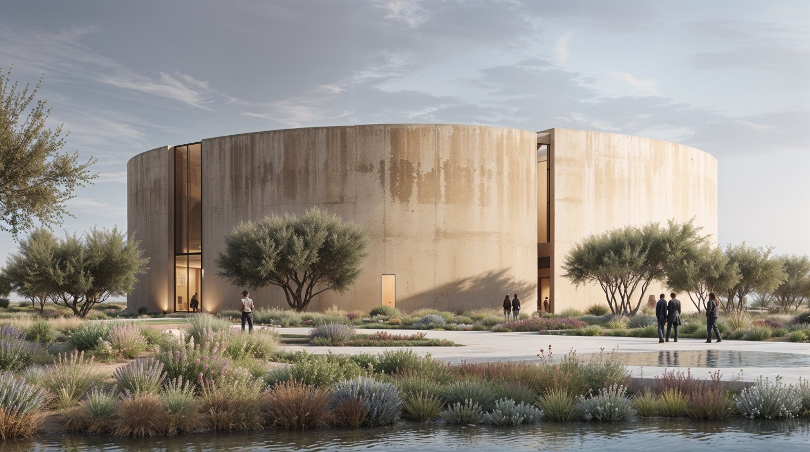 Architectural rendering of the Datahabitat project — Mediterranean rural landscape at golden hour
