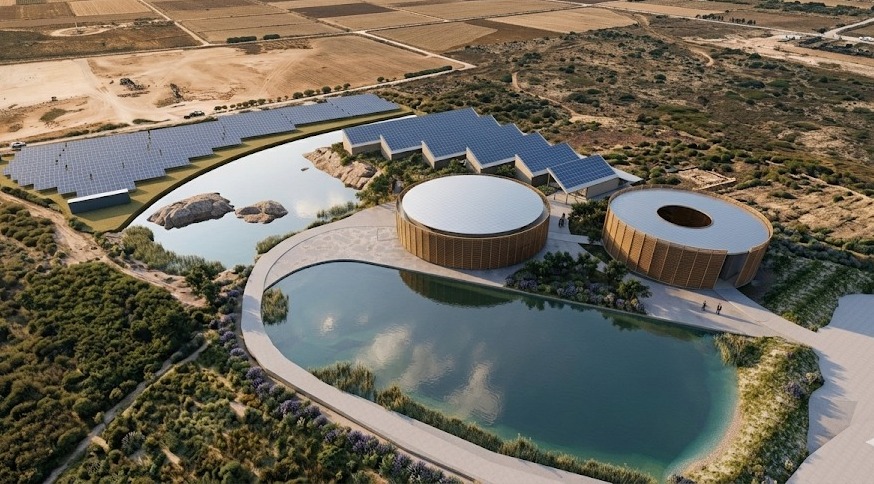 Aerial rendering of the circular buildings, greenhouses and landscape water reserves